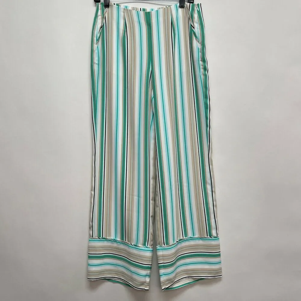 Chico's Black Label Pants Size 0 Regular Small 4 White Green Beige Striped Lined